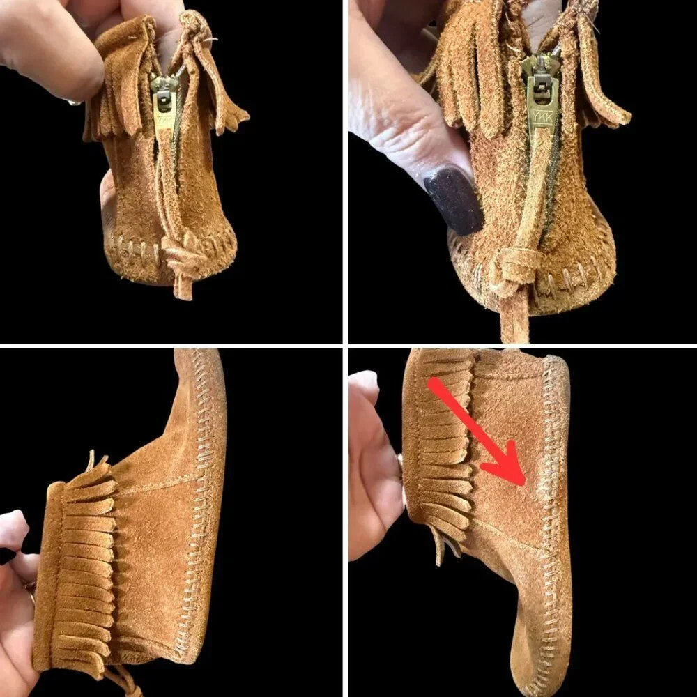 Minnetonka Girls Fringe Moccasin Boots Size 11 Suede Back Zip